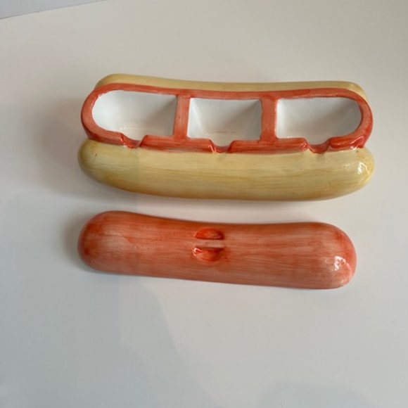 Vintage  Ceramic Hot Dog Shaped Condiment Dish Container 3 Compartments - Picture 3 of 7